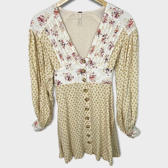 Free People Wonderland Mini Dress Button Down Tie Waist Floral Size XS Bohemian - Picture 5 of 16